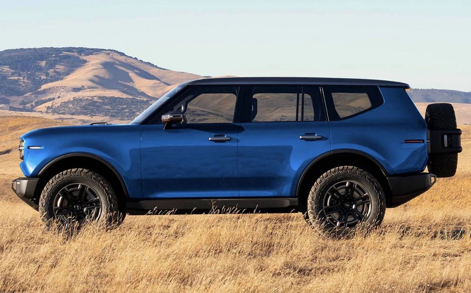 lightning blue color scout ev terra pickup truck.webp